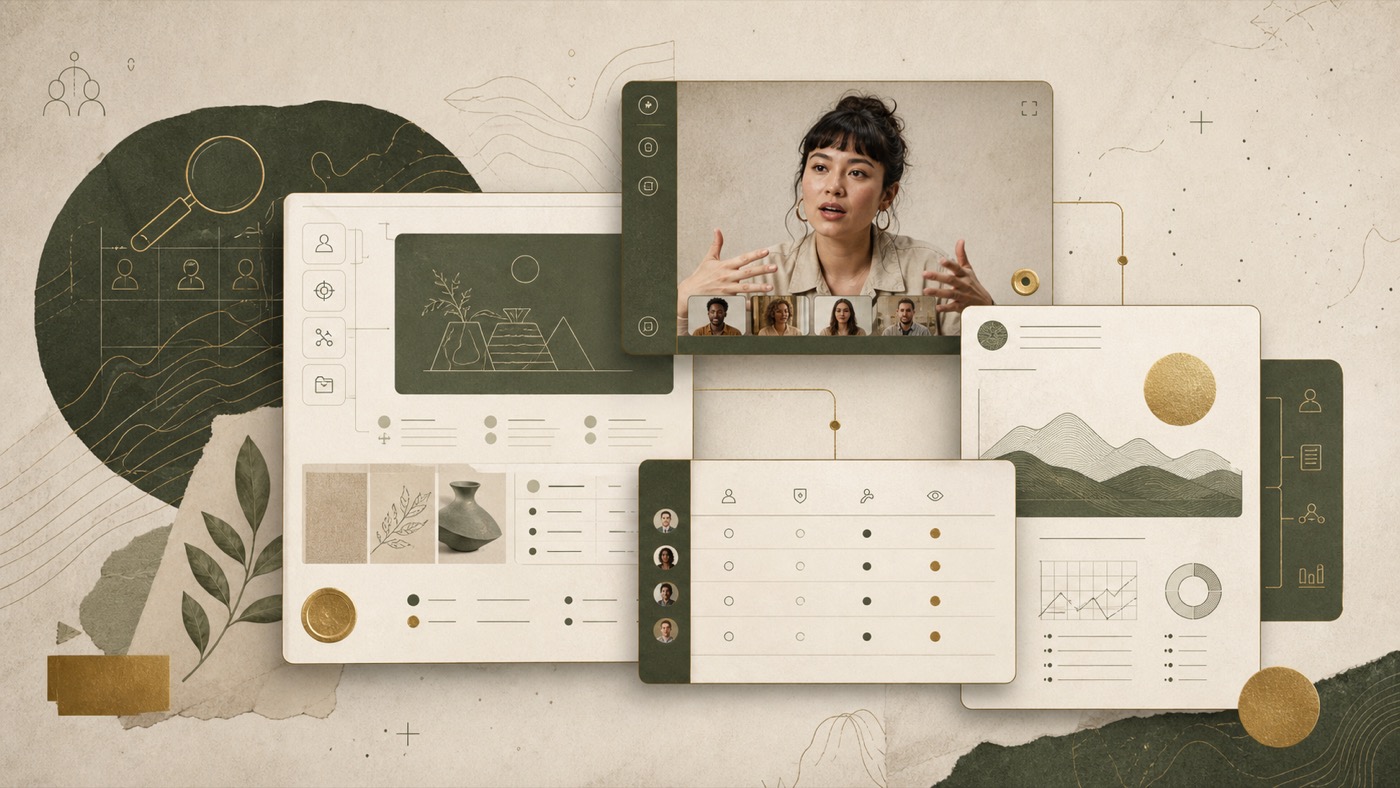 Original Offbrain platform artwork showing creator research, client evidence, and access control.