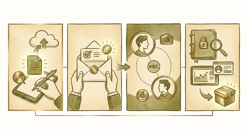 Illustration of a client research brief moving into the Offbrain workflow.