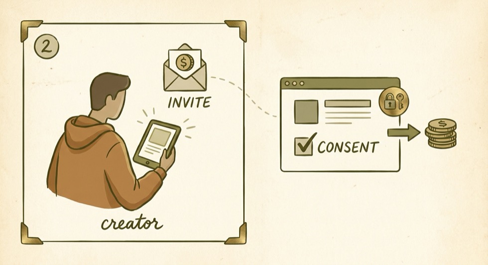 Illustration of a paid creator invitation and consent step.
